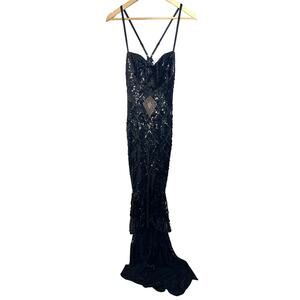 NWT Mandalay Black Sequin High Low Maxi Gown Cocktail Evening Formal Dress Sz 8